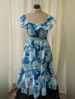 JJs House Blue and White Floral Off-Shoulder Midi Dress. Size Medium